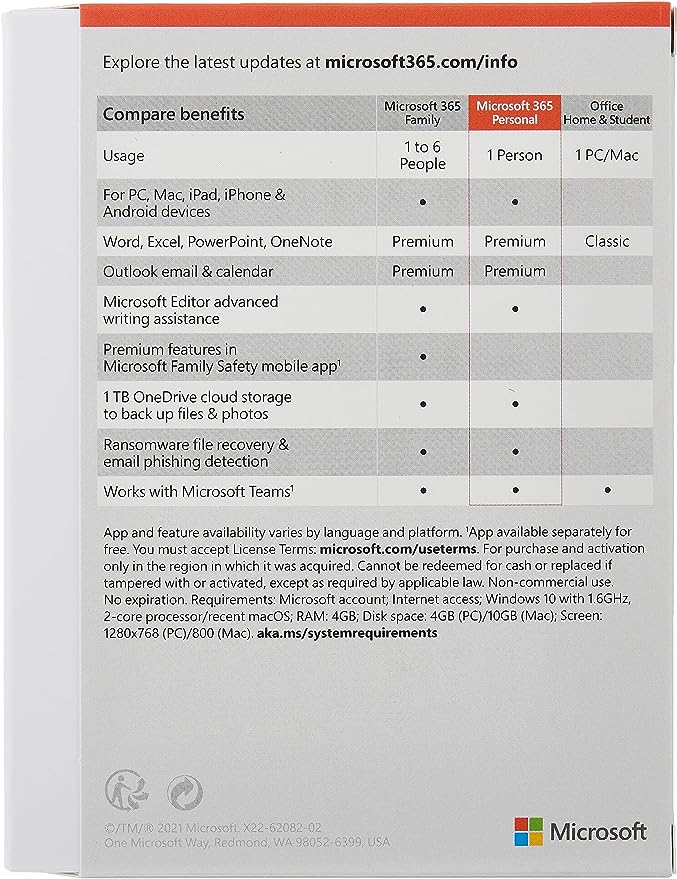 Microsoft M365 Personal 1 USer 1 Year Qq2 01401, White